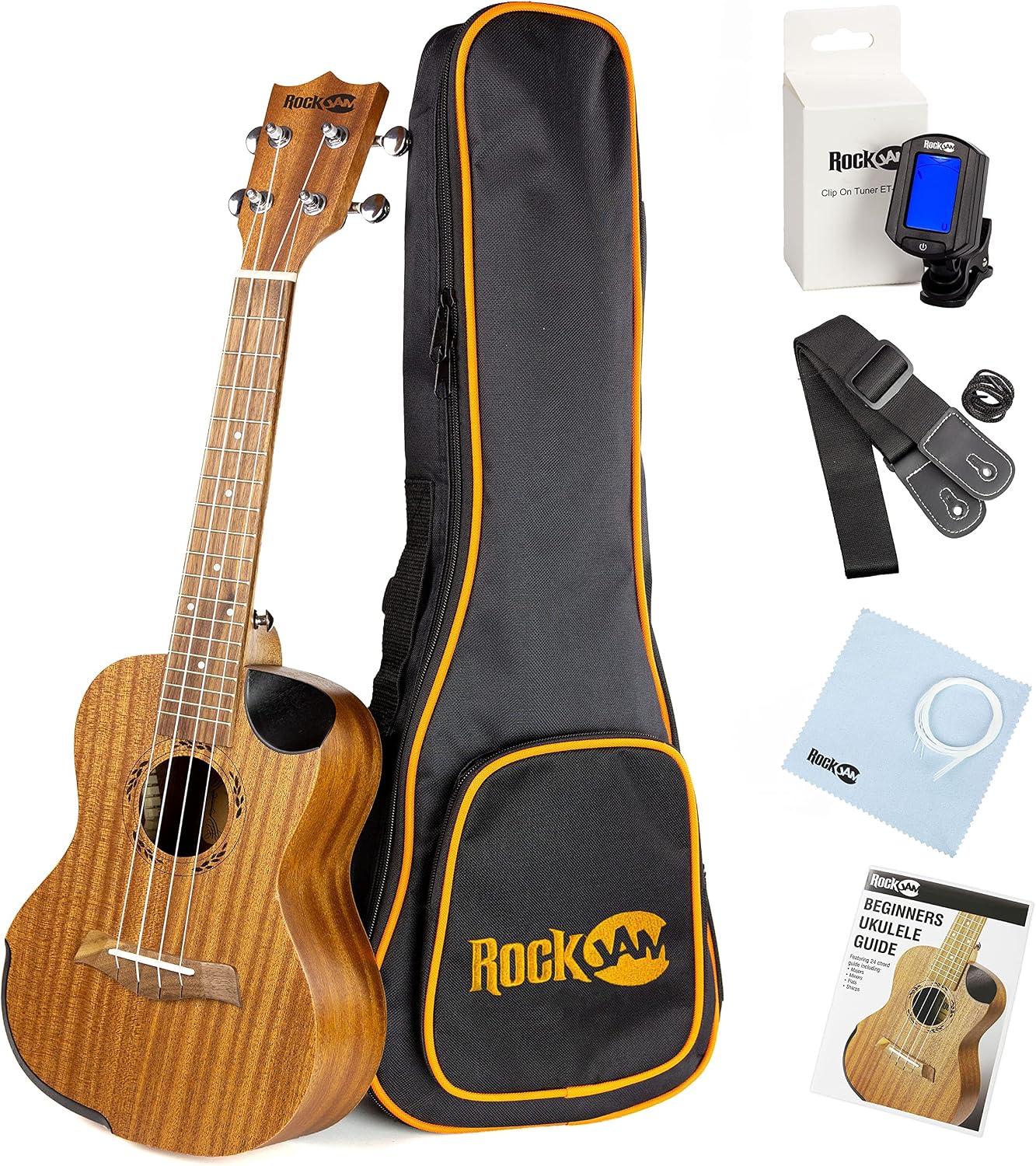 RockJam premium concert ukulele in sapele with its padded gig bag, clip-on tuner, strap, picks and spare Aquila strings
